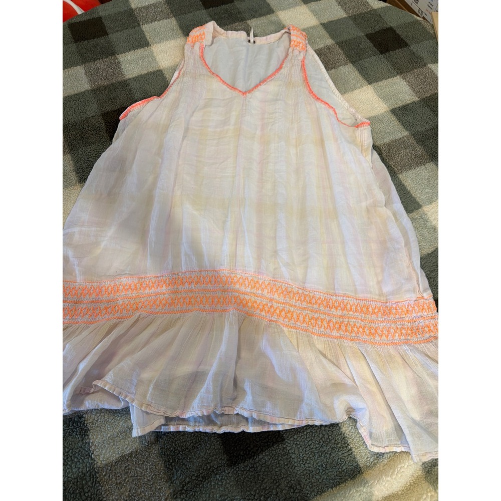 Free People White Neon Orange Smocked Cotton Gauze Sleeveless Mini Dress‎ L